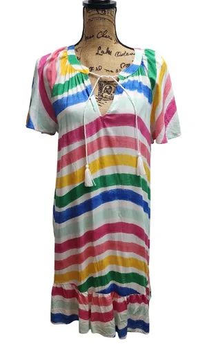 Crown & Ivy Dress L Rainbow Striped Peasant Midi Tie Neck‎ Short Sleeve thumbnail 1