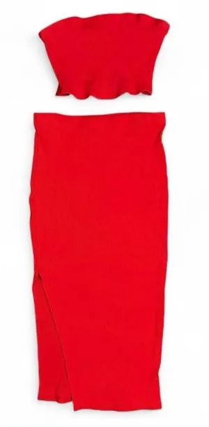 Lulus Red Ribbed Midi Tube Top Skirt Set thumbnail 1