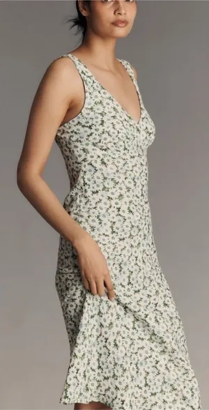 Reformation Beauden Sleeveless V Neck Crepe Midi Dress White Green Floral M thumbnail 1