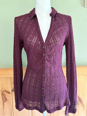 NATURAL LIFE Plum Lace Knit Button-Down Shirt size Large thumbnail 1