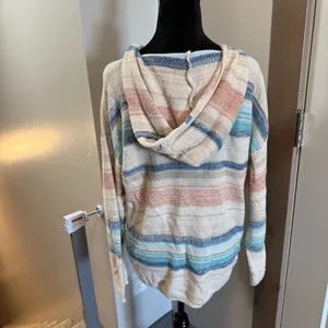North River Colorful Knit Cotton Blend V-Neck Hoodie Sweater Striped Pastel L‎ thumbnail 4