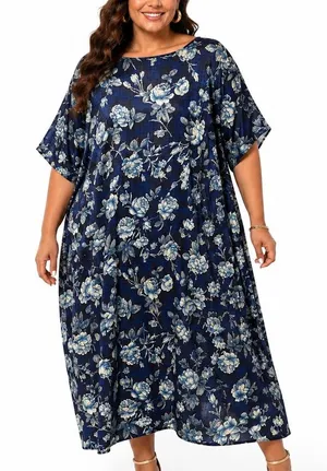 Vintage California Dynasty Blue Floral Caftan‎ Dress Boho Midi Resort Lounge thumbnail 1