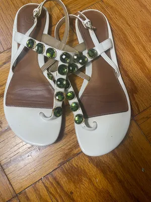 Tory Burch White T-Strap Sandals with Green Gemstones thumbnail 10