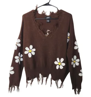 Just Polly New York Brown Daisy Floral Knit Frayed Hem Pullover Sweater Large thumbnail 1