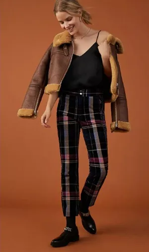 Anthropologie Women's Alicia Plaid Moto‎ Corduroy Zip High Waist Pants Size 27 thumbnail 1