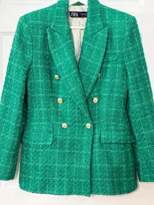 ZARA Green Bouclé Tweed Double Breasted Blazer Gold Button Quiet Luxury Preppy M thumbnail 4