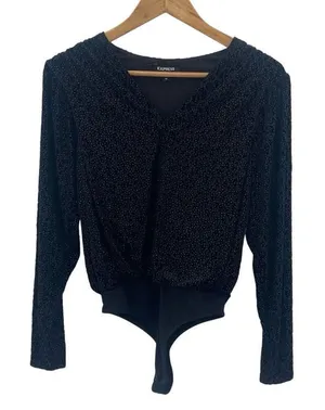 Express Womens Jacquard Velvet Leopard Sparkly Long‎ Sleeve Bodysuit Black XS thumbnail 1