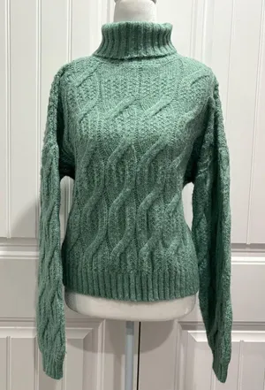 Miami Teal Cable Knit Turtleneck Sweater Size M thumbnail 1