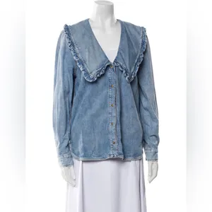 Ganni Peter Pan Collared Ruffle Denim Shirt Indigo Blue 34/XS thumbnail 4
