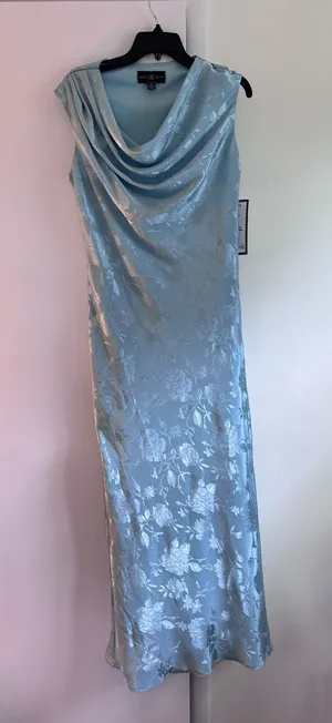 Betsy & Adam floral jacquard gown in dusty blue with a cowl neckline thumbnail 1