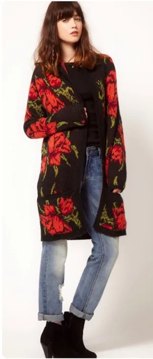 Free People Womens Floral Rose Boho Grunge Longline Flower‎ Power Cardigan XS thumbnail 1