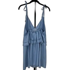 DO+BE Chambray Mini Dress Womens M Blue Tie Strap Ruffle Layered Boho Soft Girl thumbnail 4