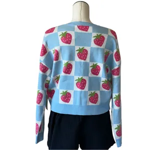NWT Luna Ivy X Anthropologie Blue Checkered Strawberry Pullover Sweater Farm M thumbnail 3