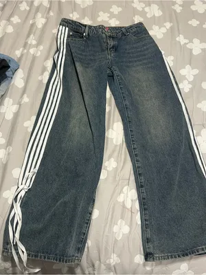 Edikted Dark Blue Boyfriend Jeans with White Side Stripes thumbnail 1