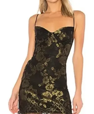 For Love & Lemons Bumble Bustier Mini Dress Black Gold Lace Slip Straps Size M thumbnail 1