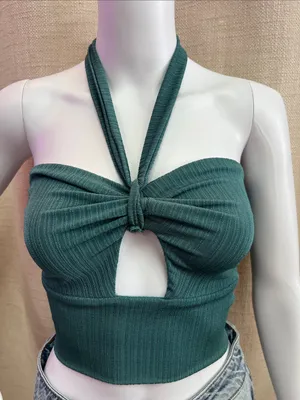 Le Lis Halter Ribbed Crop Top in Deep Teal Green thumbnail 2