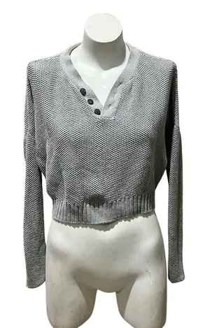 LA Hearts Women's Gray Cropped Henley Sweater Size S Casual Fall thumbnail 1