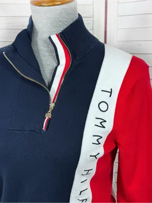 Tommy Hilfiger Quarter Zip Mock Neck Colorblock Logo Sweater Size Small Preppy thumbnail 5