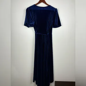 Simplee Small Butterfly Sleeve Wrap‎ Navy Blue Velvet Maxi Dress Tie Front thumbnail 6