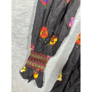 Urban Outfitters‎ Dress XS Isobel Black Floral Smocked Long Sleeve Boho Mini thumbnail 4
