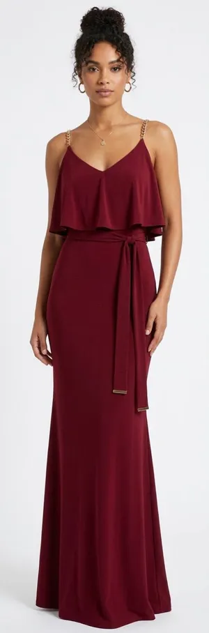 Michael Kors Burgundy Sleeveless V-Neck Maxi Dress with Chain Straps thumbnail 1