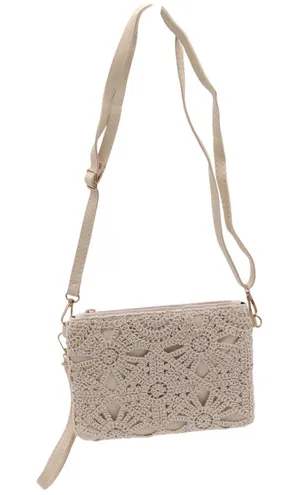 Unbranded Crossbody Bag Womens OS Crochet Lace Cream Boho Wristlet Excellent thumbnail 1