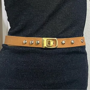 JP Long Horn Studded Brown Leather Gold Buckle Belt Waist 28”-30” Made in Italy thumbnail 4