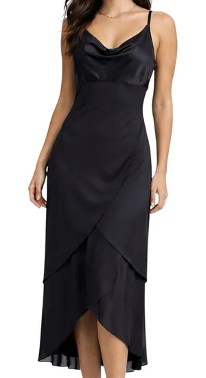 Teeze Me Black‎ Satin Cowl Neck Midi Dress Size 9 Asymmetrical Hem Made in USA thumbnail 1
