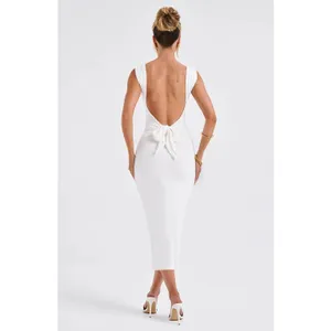 NWT Babyboo Malina Ivory Cowl Neck Ruched Low Tie Back Midi Dress Womens Size S thumbnail 6