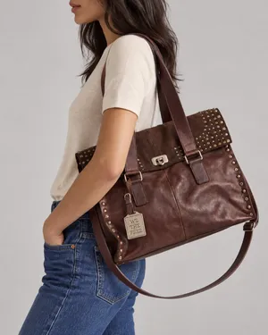 Free People We The Free Shay Brown Leather Studded Tote Bag Boho Western Crossbody SOLD OUT thumbnail 3