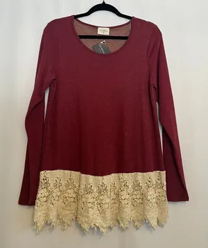 1.4.3. Story by Line Up NWT Long Sleeve Blouse with Crochet Bottom Detail Maroon/Cream medium thumbnail 1