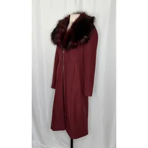 WHBM Burgundy Long Coat Removable Faux Fur Collar White House Black Market XS thumbnail 6