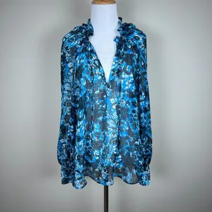 By Anthropologie Blouse Top Womens Large Blue Sheer Floral Boho Long Sleeve‎ Tie thumbnail 2