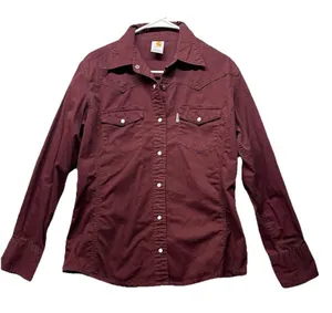Carhartt Burgundy Pearl Snap Long Sleeve Shirt Size L Large Country Western thumbnail 1