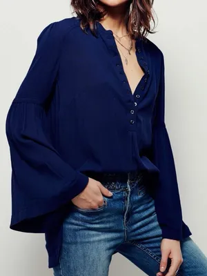Free People Easy Girl Belle Sleeve Boho Top Size XS Navy Festival thumbnail 1