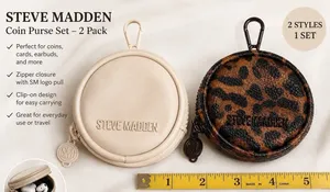 Set Of 2 Steve Madden Round Coin Keychain Purse 4×4 Clip On Leopard And Ivory thumbnail 1