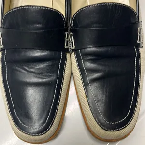 Brooks Brothers Beige Navy Twill and Leather Classic Slip-On Loafers- Size 8 thumbnail 5