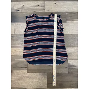 Ann Taylor Blouse Size L Navy Orange Stripe Scoop Neck Cap Sleeve Lightweight thumbnail 4