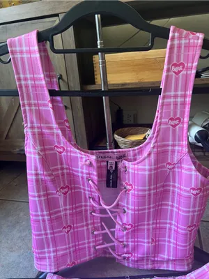 Dolls Kill bratz set Pink Plaid Lace-Up Crop Top & Belted Mini Skirt Set thumbnail 12