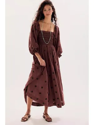 Free People Dahlia Embroidered Maxi Dress brown off the shoulder embroider S thumbnail 2
