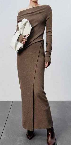 Commense NEW Caramel Slit Maxi Knit Set Skirt and Top Size M Ribbed Asymmetrical thumbnail 1