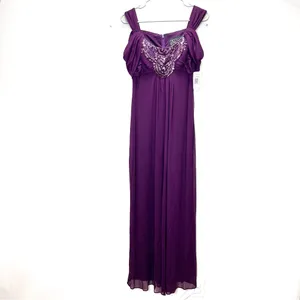 NWT Alex‎ Evenings Plum Purple Beaded Cold Shoulder Chiffon Maxi Dress Size 6 thumbnail 2