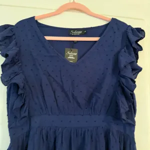 Solersun Womens Navy Blue Swiss Dot‎ Ruffle Sleeve V-Neck Mini Dress Large NWT thumbnail 3