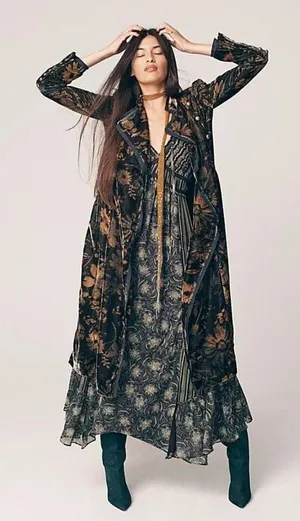 Free People Hazel Duster Velvet Coat Floral Print Black Gold Brown Lined XL H thumbnail 2