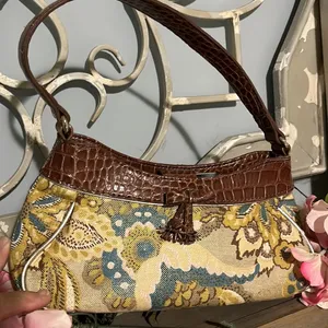 Liz Claiborne Purse Small Alligator Look Strap Floral Brown Gold Shoulder Bag thumbnail 1