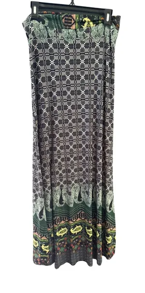 SJ Boho Large Black Green‎ Paisley Geometric Print Strapless Midi Made in USA L thumbnail 1