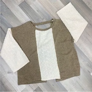 POL Open Tie Back Sweater Bell Sleeve Color Block Brown Cream Large‎ Boho thumbnail 13