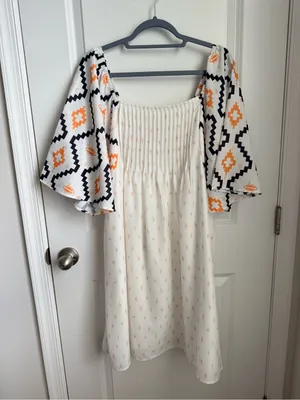 Boutique White Smocked Midi Dress Aztec Puff Sleeve XL thumbnail 1