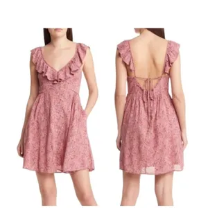 Madewell Dress‎ Women 8 Pink Floral Ruffle-Neck Tie-Back Mini Dress NK472 Boho thumbnail 2