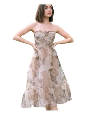 Storia Strapless Dress Brown Tan Floral Sheer Overlay Ruffle Hem S Wedding Tulle thumbnail 1